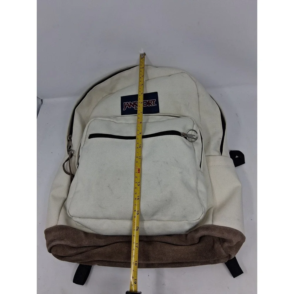 JanSport Right Pack Cream Canvas Backpack Brown Suede Bottom School Bag